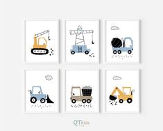 four pictures with construction vehicles on them in different colors and sizes, one is blue, the other is yellow