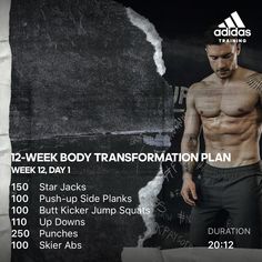 a man standing in front of a black and white background with the words 12 week body transformation plan