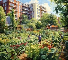 a painting of people tending to vegetables in a large garden with apartment buildings in the background