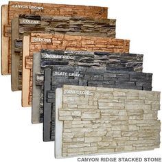 the canyon ridge stacked stone collection is shown in five different colors and sizes, including brown, beige, black, gray, and white