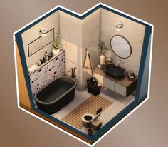 a bathroom with a bathtub, sink and mirror in the corner is shown from above