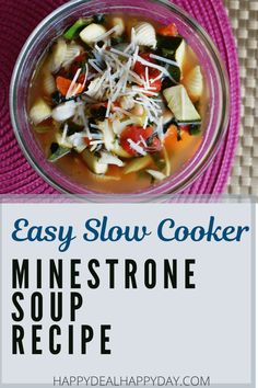 easy slow cooker minestone soup recipe in a glass bowl with text overlay