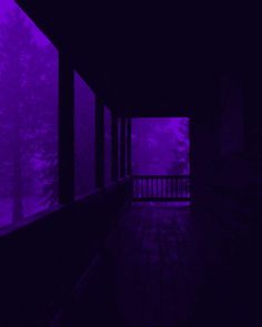 an empty porch with purple light coming through the windows and trees in the background at night