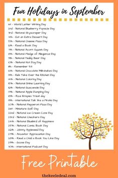 the free printable fall holidays in november list is shown on an orange and white background