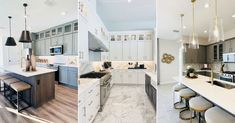 two pictures of the same kitchen and dining room in different rooms, one is white with gold accents