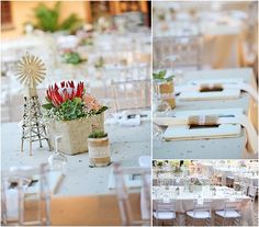 the table is set up with flowers and place settings