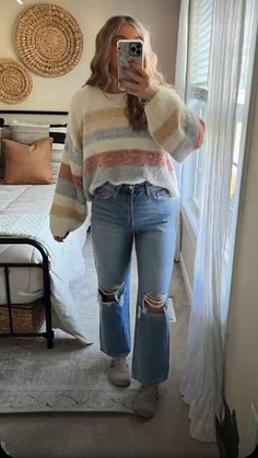 Striped Fall Sweater, Pastel Striped Sweater, Ways To Style Boston Clogs, Outfit Ideas Early Spring, Sleeves Under Shirt Outfit, Cute Outfit Ideas Preppy, Cute Sweaters Outfits