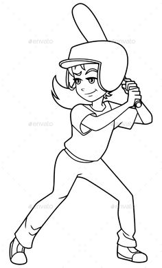 a cartoon girl baseball player swinging the bat