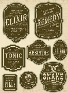 an assortment of vintage styled labels