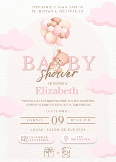 a baby shower with pink balloons and a teddy bear on the front, in gold foil