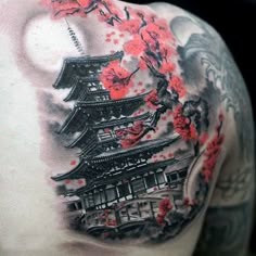 Mens Upper Back Shoulder Japanese Temple With Cherry Blossom Tattoo Japanese Temple Tattoo, Geisha Tattoos, Japanese Tattoos For Men, Temple Tattoo, Japanese Tattoo Symbols, Wild Tattoo, Japanese Temple, Traditional Japanese Tattoos, Japanese Sleeve Tattoos