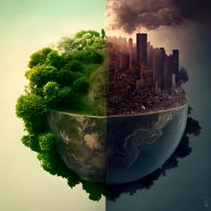 an image of the earth with trees and buildings on it as if they were split in half