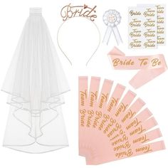 Naler 16pcs Rose Gold Bachelorette Party Decorations Kit - Bride to Be Sash, Headband Tiara, Veil, Rosette Badge and Metallic Team Bride Flash Tattoos for Bridal Shower Wedding Engagement Decor Feature: Material: Sash: satin Tattoo: paper Veil: chinlon and plastic Badge: satin, chinlon, plastic Description: - Made of high quality material. - Easy to use. Beautiful and stylish design. - It's a great package for anyone who is organizing a hen party. - Ideal for bachelorette party, wedding, engagem