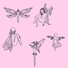 four little fairy girls with wings on pink background