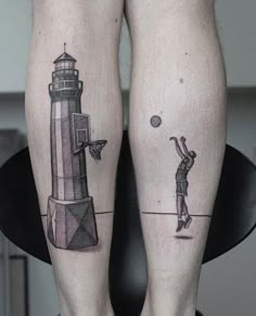 two people standing next to each other with tattoos on their legs, one has a lighthouse and the other has a basketball hoop