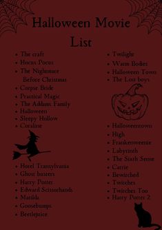 the halloween movie list is shown in black and red with an image of a cat on it