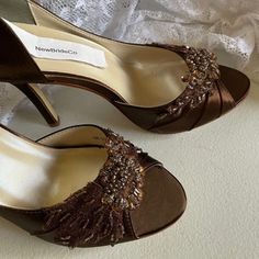 Luxury Brown Heels With Wooden Heel, Beaded Heels, Brown High Heels, Heels Prom, Chocolate Brown Color, Fashion Shoes Heels, Cute Shoes Heels, Funky Shoes, Gorgeous Heels