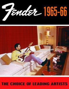 a man sitting on top of a couch with a guitar in his hand and an advertisement for fender 1965 - 66