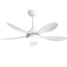 a white ceiling fan with three blades on the top and one light on the bottom