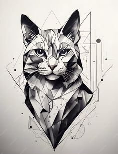 a black and white drawing of a cat's face with geometric shapes around it