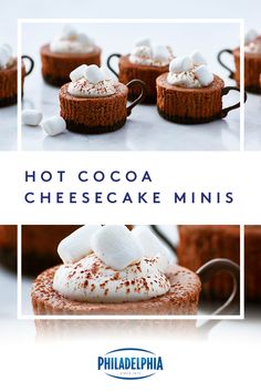 hot cocoa cheesecake minis with marshmallows and whipped cream on top