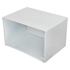 an empty white plastic storage box on a white background