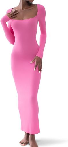 PUMIEY Long Sleeve Dress for Women Maxi Dress Bodycon Dresses for Women Long Fall Dresses Pink Dress Bubblegum Large at Amazon Women’s Clothing store Square Neck Long Sleeve, Ribbed Bodycon Dress, Sleeveless Bodycon Dress, Lounge Dress, Sleeve Maxi Dress, Bodycon Dresses, Long Sleeve Maxi, Inspired Dress, Flowing Maxi Dress