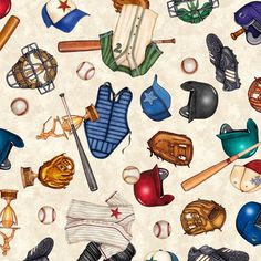 a baseball themed background with many different items