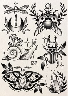 some tattoos with different designs on them and one has a bug, butterfly, dragon, flower