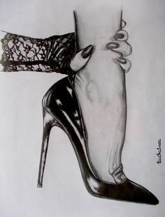 a drawing of a high heeled shoe with lace on the toe and heels that have been drawn