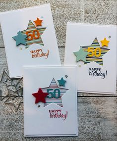 three birthday cards with stars on them and the number 50 in red, white, and blue