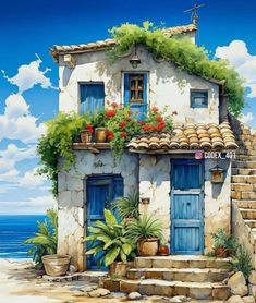 a painting of a house with flowers on the roof and steps leading up to it