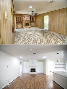 before and after pictures of an empty living room with wood flooring in the middle