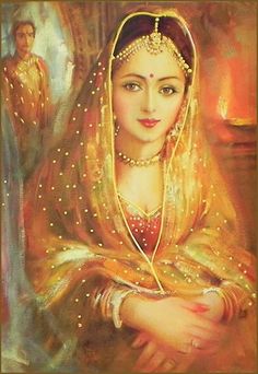 an oil painting of a woman in traditional dress