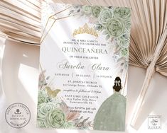 an elegant quinceauera wedding card with roses and succulents on it