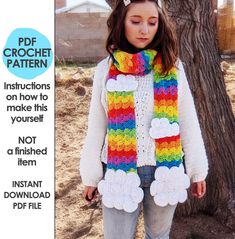 "This is a crochet pattern PDF, not a finished item. A rainbow scarf! With clouds! But the clouds...are handwarmers! Yay! This pattern requires a lot of sewing, but the end result is totally worth the effort. >> Pattern level: Intermediate. Must be comfortable using different stitches together, working in the round, and sewing pieces together. >> Sizes included: one size, but you make it as long or as short as you like. Materials needed: - worsted (weight 4) yarn - I used WeCrochet's Rainbow And Clouds, Crochet Pattern Instructions, Pattern Rainbow, Crochet Hack, Rainbow Scarf, Gradient Yarns, Rainbow Crochet, Different Stitches, Scarf Crochet