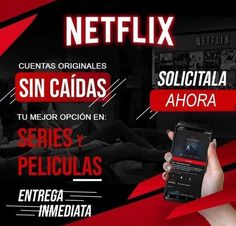 a hand holding a cell phone in front of a red and black background with the words netflix