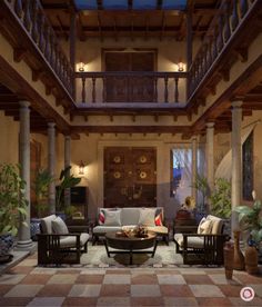 a living room filled with furniture and potted plants on top of a checkered floor