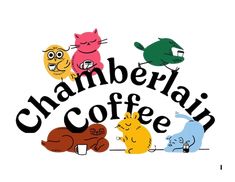 the logo for chamberlain coffee, with cats and fish on it's side