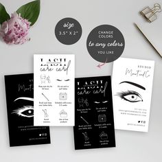 three different types of eyeliners are shown on a table with flowers and scissors