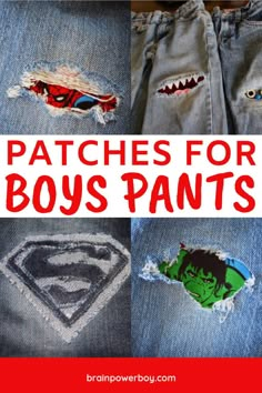 several pictures of different types of jeans with the words patches for boys pants