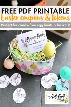 an easter basket filled with eggs and free printable coupons for $ 5 each