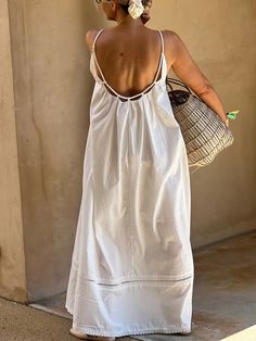 Spaghetti Plain Vacation Loose Lace Edge Dress Ivory Summer Dress, Loose Linen Dress, Casual Summer Maxi Dress, Simple Linen Dress, Linen Loose Dress, Linen Style Fashion, Sleeveless Kimono, Look Boho Chic, Travel Clothing