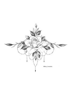 a black and white drawing of a rose with leaves on it's side,