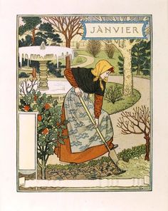 an illustration of a woman picking flowers from a garden with the words janvier on it