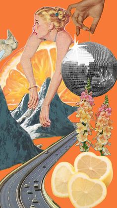 an image of a woman dancing on the road with lemons and other things around her