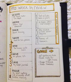 an open planner book with writing on the pages and handwritten notes in it that read, my week in review