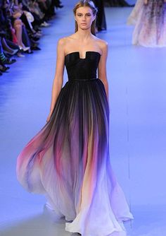 Elie Saab New Gradient Colorful Ombre Chiffon Prom Dress Evening Dress Strapless with Pleats Women Dress Navy Lily Collins Pleats Dress, Purple Tulle, Strapless Evening Dress, Purple Bridesmaid Dresses, Long Evening Dress, Evening Party Gowns, Patterns Fashion, Katniss Everdeen