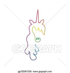 a unicorn's head with long hair and green eyes in rainbow colors on a white background