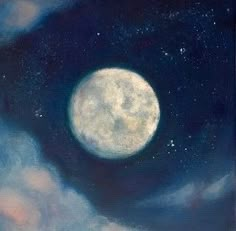 an oil painting of a full moon in the night sky with clouds and blue skies